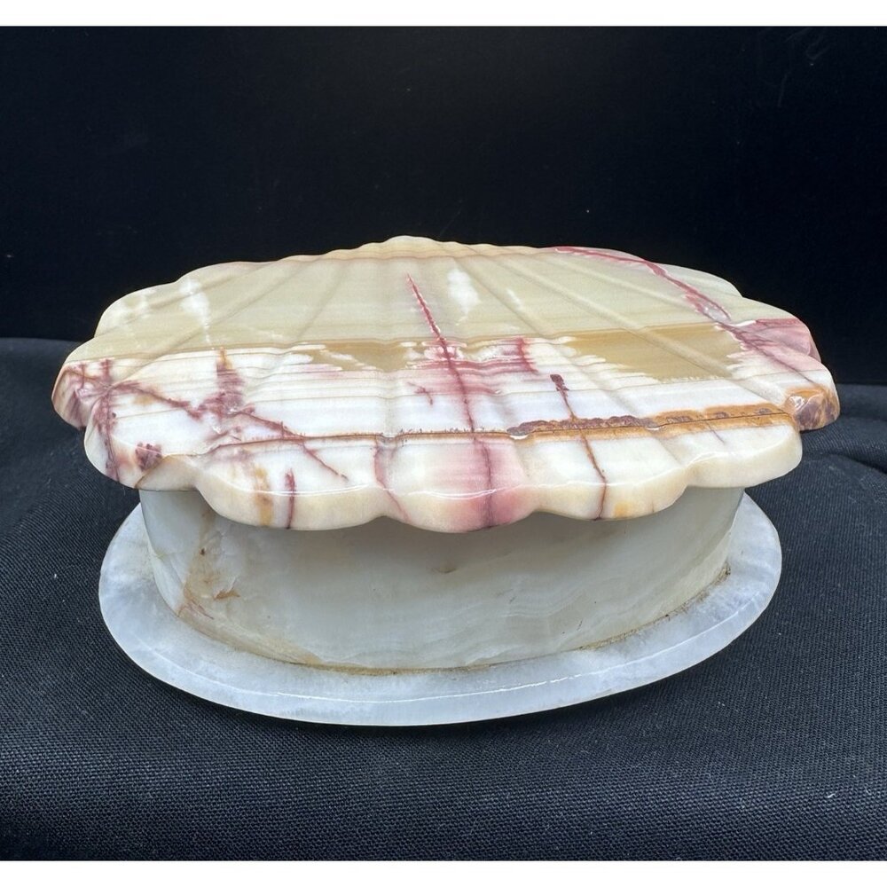 Vintage Onyx Stone Trinket Box Hand Carved Shell Lid Natural Stone Decor